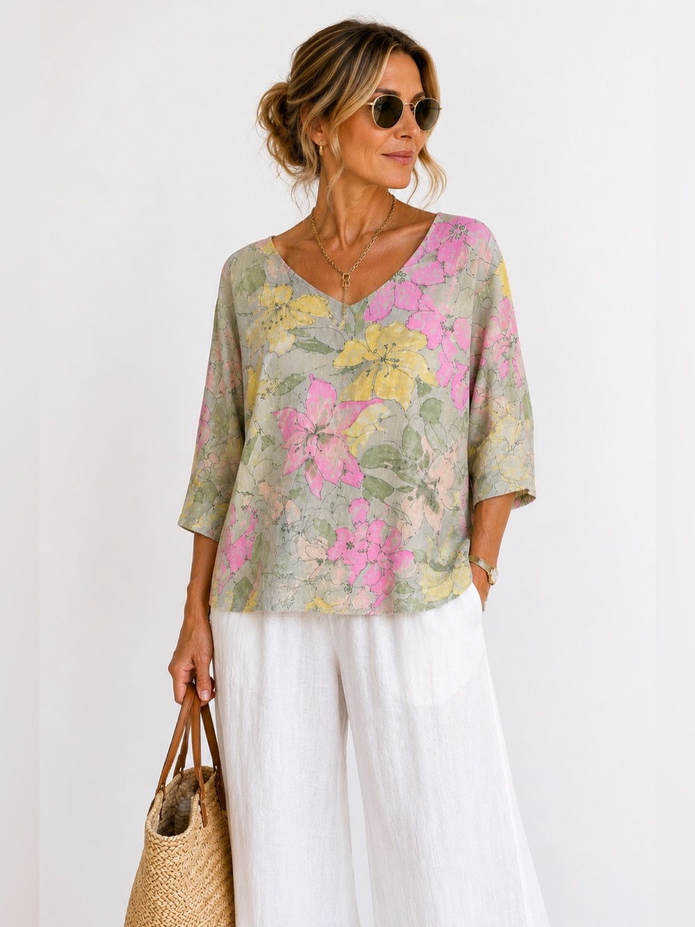 Made In Italy 100% Linen Floral Top 1X Cottagecore Boho Plus Size Romantic